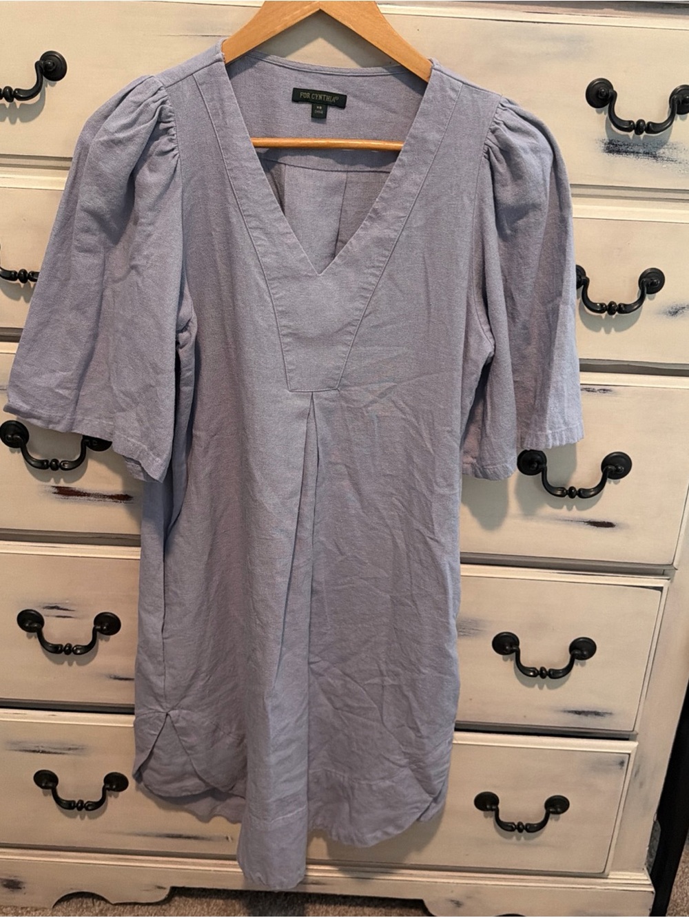 For Cynthia Blue Linen Blend Dress Puff Sleeves Adorable XS